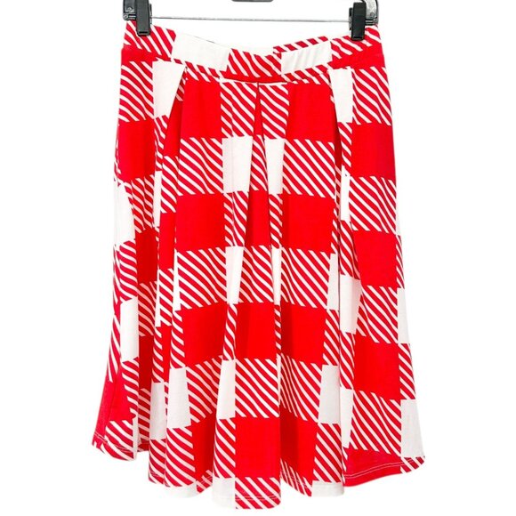 LuLaRoe A-Line Pleated Skirt Womens L Red White Checkered Soft Stretch USA Made - Picture 3 of 8